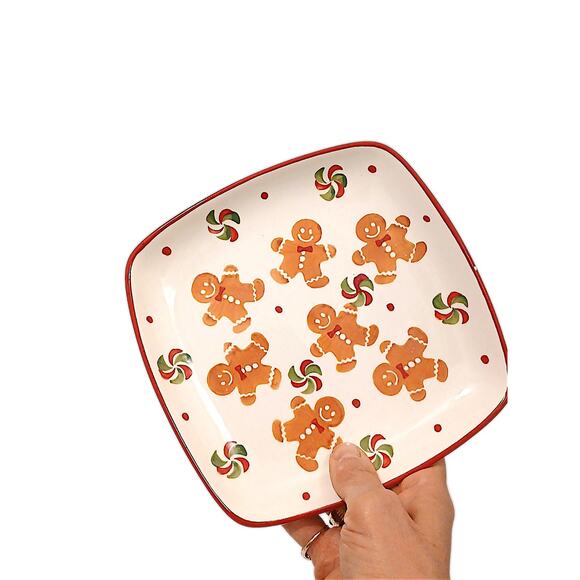 Sleigh Bell Square Gingerbread man 7.25" Cookie Plate 80s Christmas Plate Ivory - Picture 1 of 11